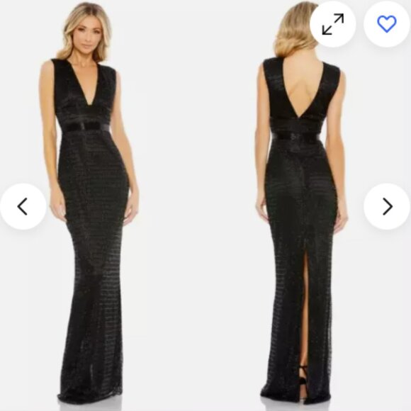 MAC DUGGAL 5625 BEADED CAP SLEEVE V-NECK BLACK COLUMN GOWN sz 4 - Picture 1 of 5